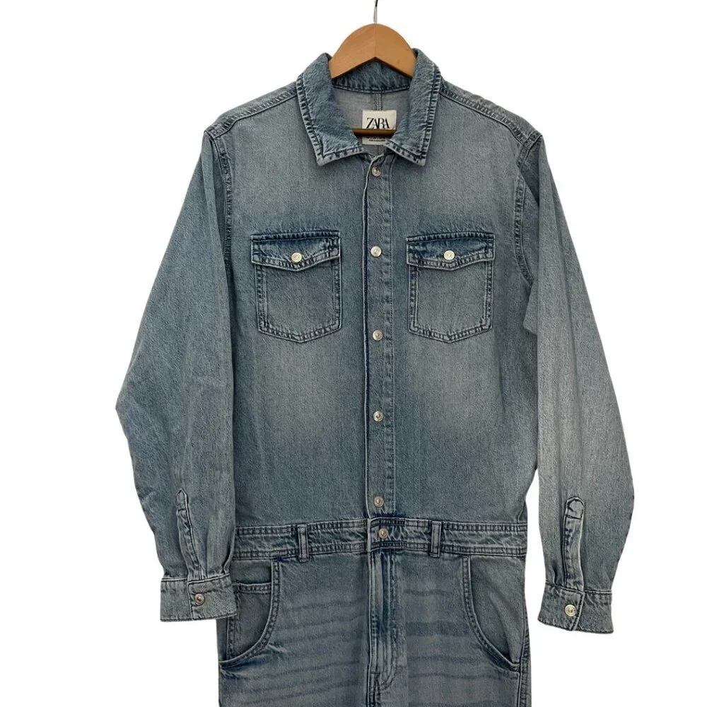 Zara Lightwash Denim Long Sleeve Button Front Jumpsuit NWT Size L